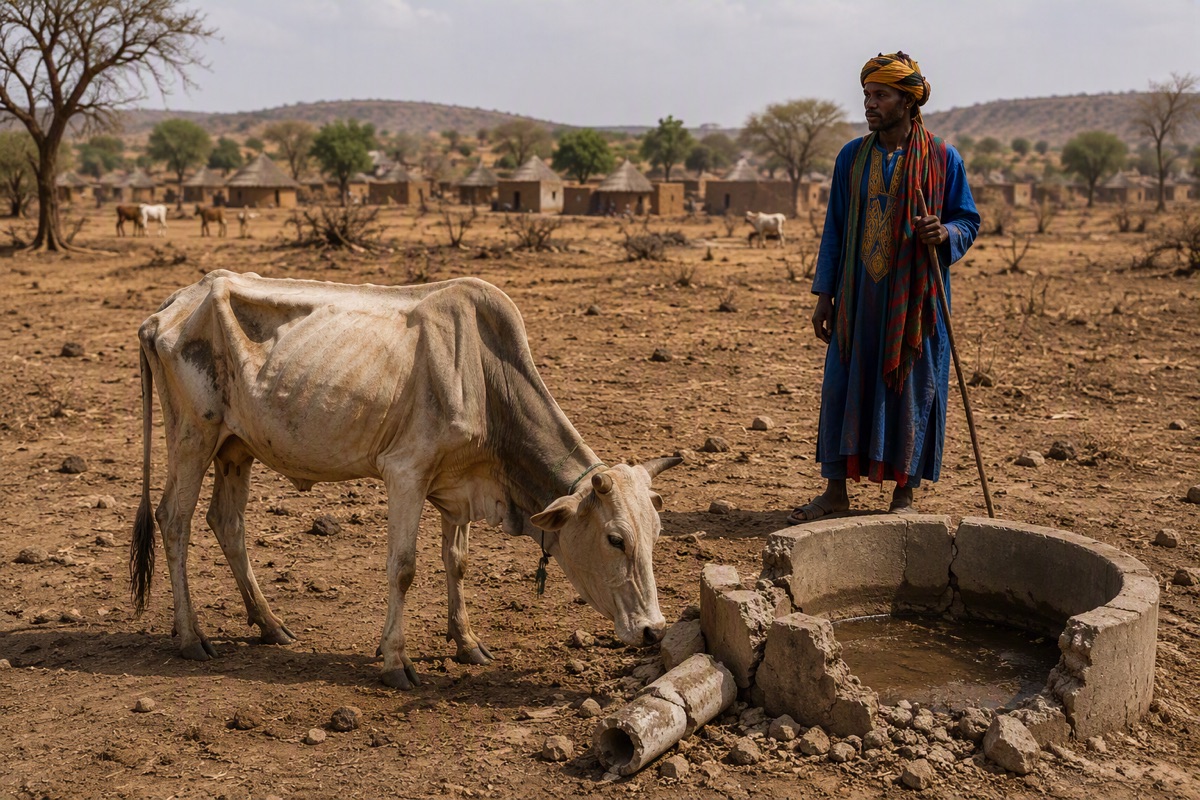 Illustration: a herdsman beside a cracked, dried-up well with a malnourished cow on parched land in the Sahel, the problem WellSpring addresses